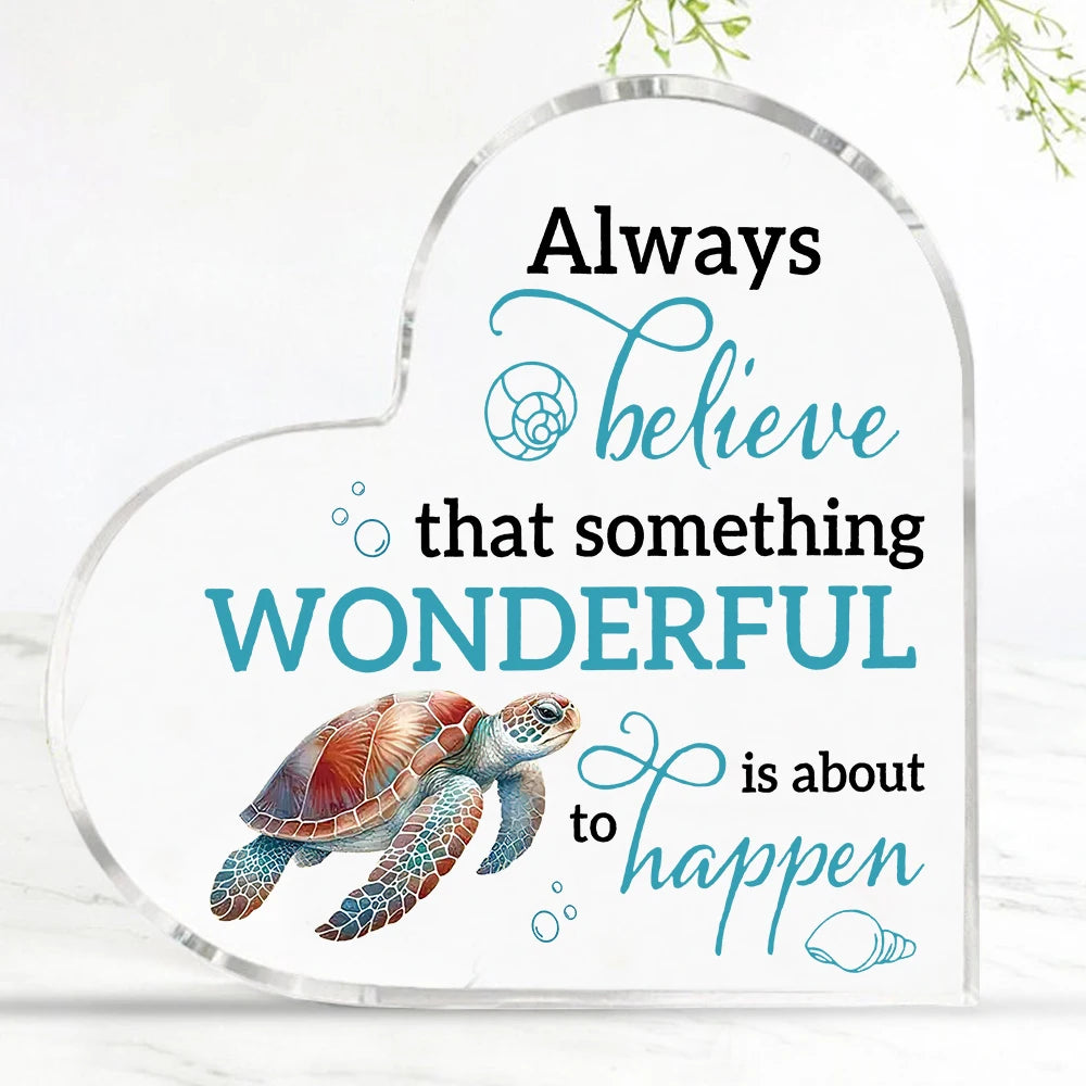 Acrylic Inspirational Quote Heart-Shaped Sign with Sea Turtle Design - Classic Tabletop Decor for Home & Office