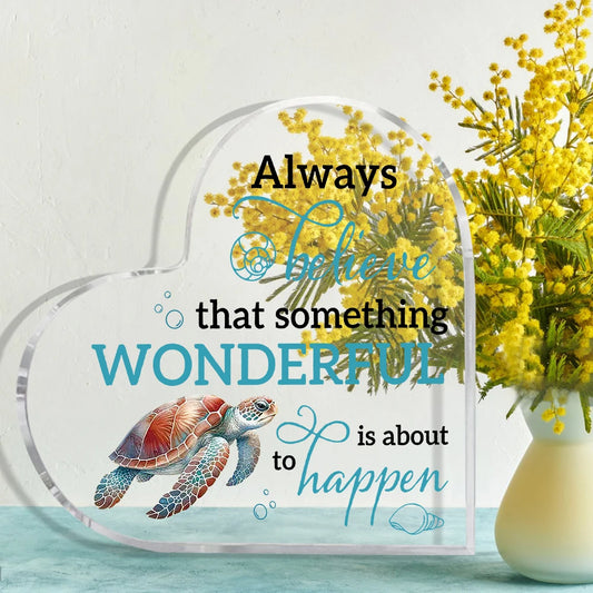 Acrylic Inspirational Quote Heart-Shaped Sign with Sea Turtle Design - Classic Tabletop Decor for Home & Office