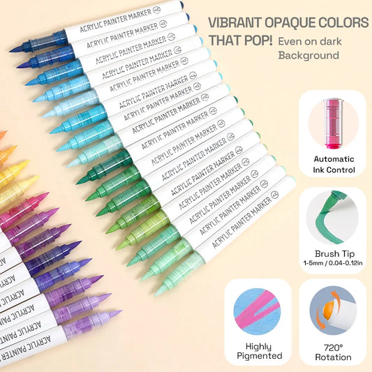 Automatic Ink Control Acrylic Paint Markers, 9 pcs Brush Tip Acrylic Paint Pens set with 7 professional color series