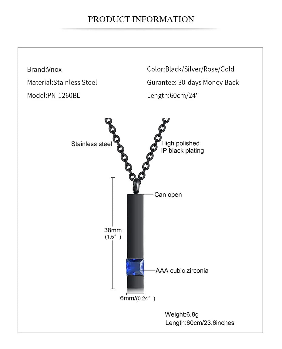 Vnox Urn Necklaces for Ashes Memorial Cremation Jewelry, Stainless Steel Bar Pendant for Women Men,Keepsake Gift with CZ Stone