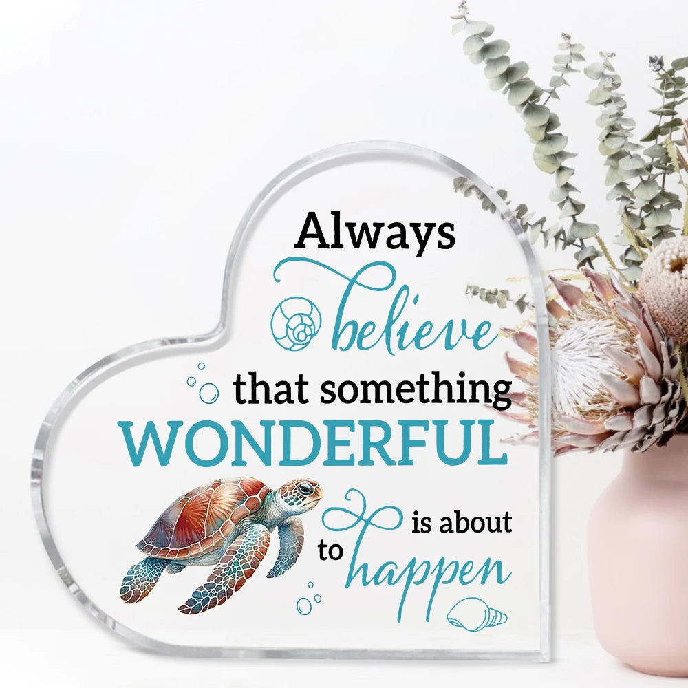Acrylic Inspirational Quote Heart-Shaped Sign with Sea Turtle Design - Classic Tabletop Decor for Home & Office