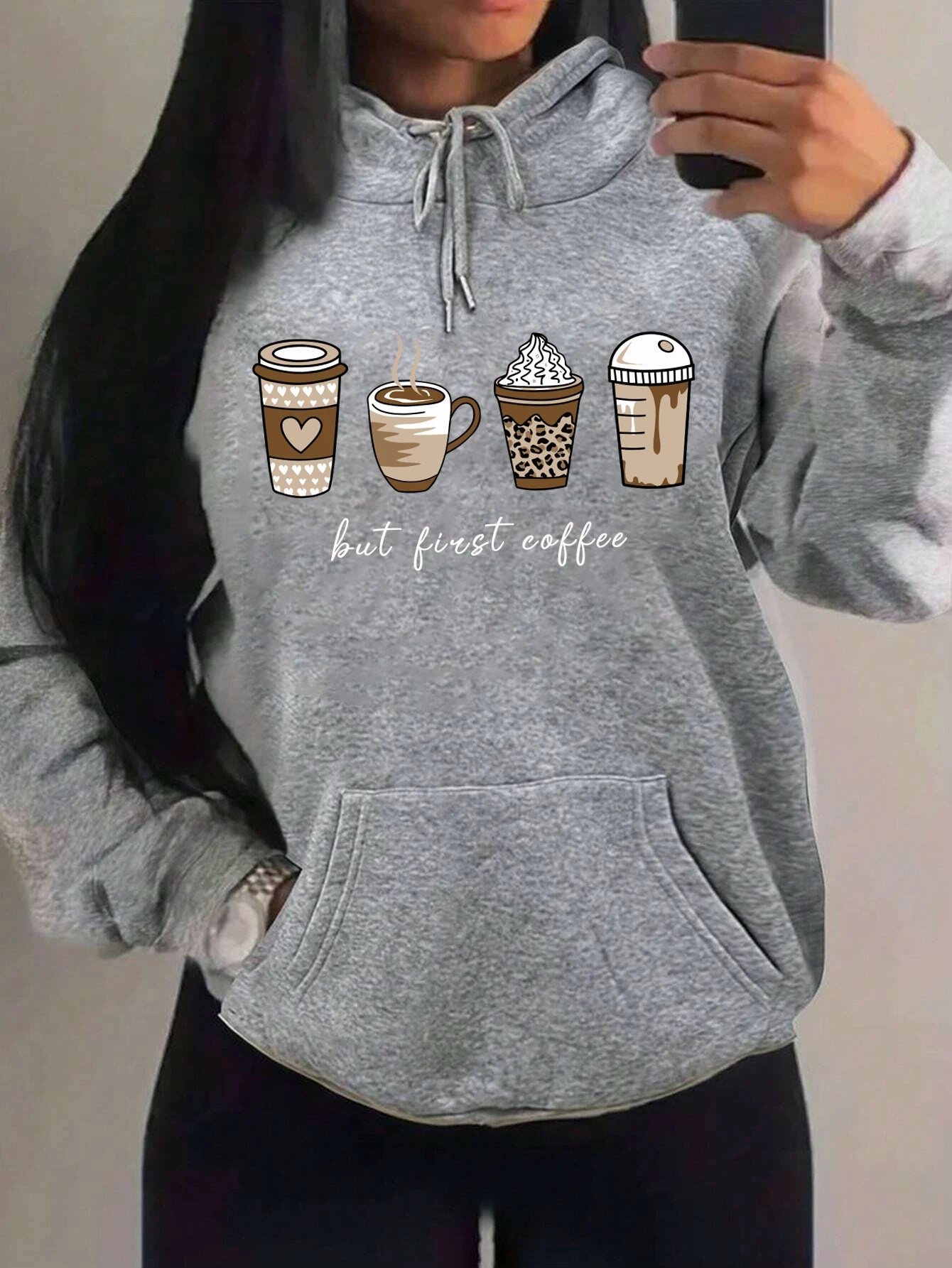 First Coffee Cartoons Coffee Drinks Pattern Hoodies Fashion Warm Hoody Casual Trendy Sweatshirt Street Women Pullovers