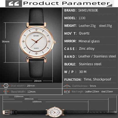 Skmei Original Brand Women Quartz Watches Fashion Leather Strap Analog Display Ladies Casual Waterproof Wristwatch