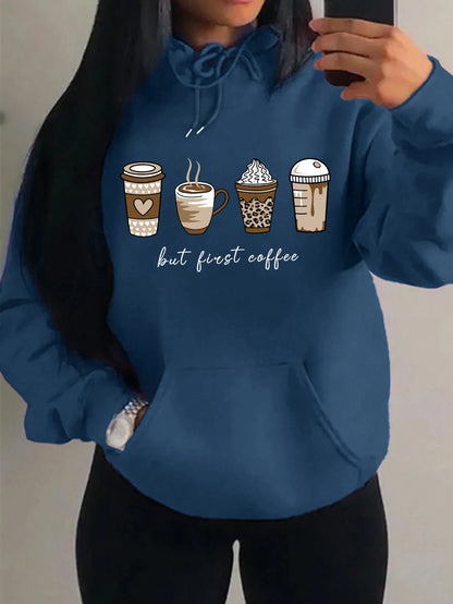 First Coffee Cartoons Coffee Drinks Pattern Hoodies Fashion Warm Hoody Casual Trendy Sweatshirt Street Women Pullovers
