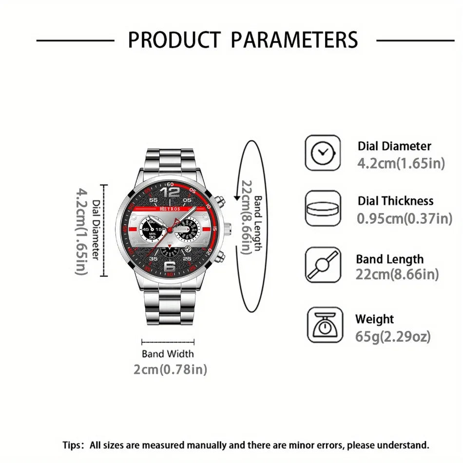 5Pcs/Set Casual Fashion Quartz Watch Set for Men, Silver Stainless Steel Round Dial with Date Quartz Watch Set for Men