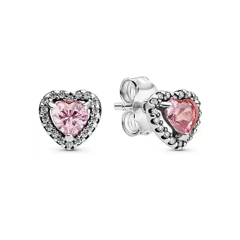 New 925 sterling silver heart-shaped earrings, rings, necklaces, pink red rainbow luxury set, sparkling charm jewelry,  gifts
