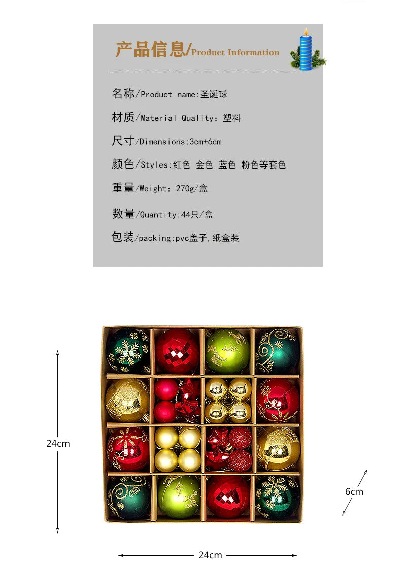 44pcs Christmas Ball Ornaments Painted Irregular 3-6cm Electroplated Plastic Ball Christmas Tree Decoration