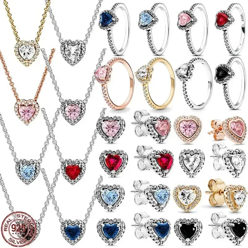 New 925 sterling silver heart-shaped earrings, rings, necklaces, pink red rainbow luxury set, sparkling charm jewelry,  gifts