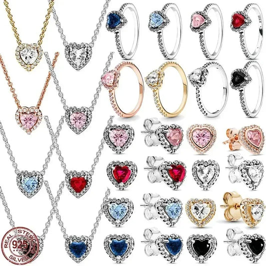 New 925 sterling silver heart-shaped earrings, rings, necklaces, pink red rainbow luxury set, sparkling charm jewelry,  gifts