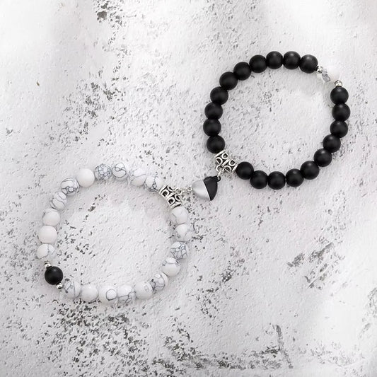 2Pcs/Set Natural Stone Beaded Heart Magnet Attraction Couple Bracelets For Women Men Simple Love Relationship Bracelet Jewelry