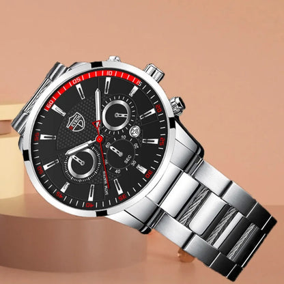 5Pcs/Set Casual Fashion Quartz Watch Set for Men, Silver Stainless Steel Round Dial with Date Quartz Watch Set for Men