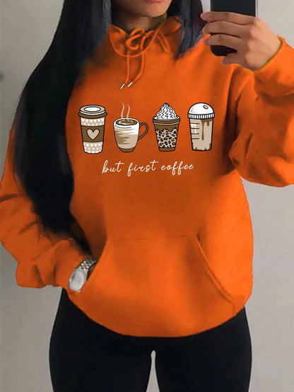 First Coffee Cartoons Coffee Drinks Pattern Hoodies Fashion Warm Hoody Casual Trendy Sweatshirt Street Women Pullovers