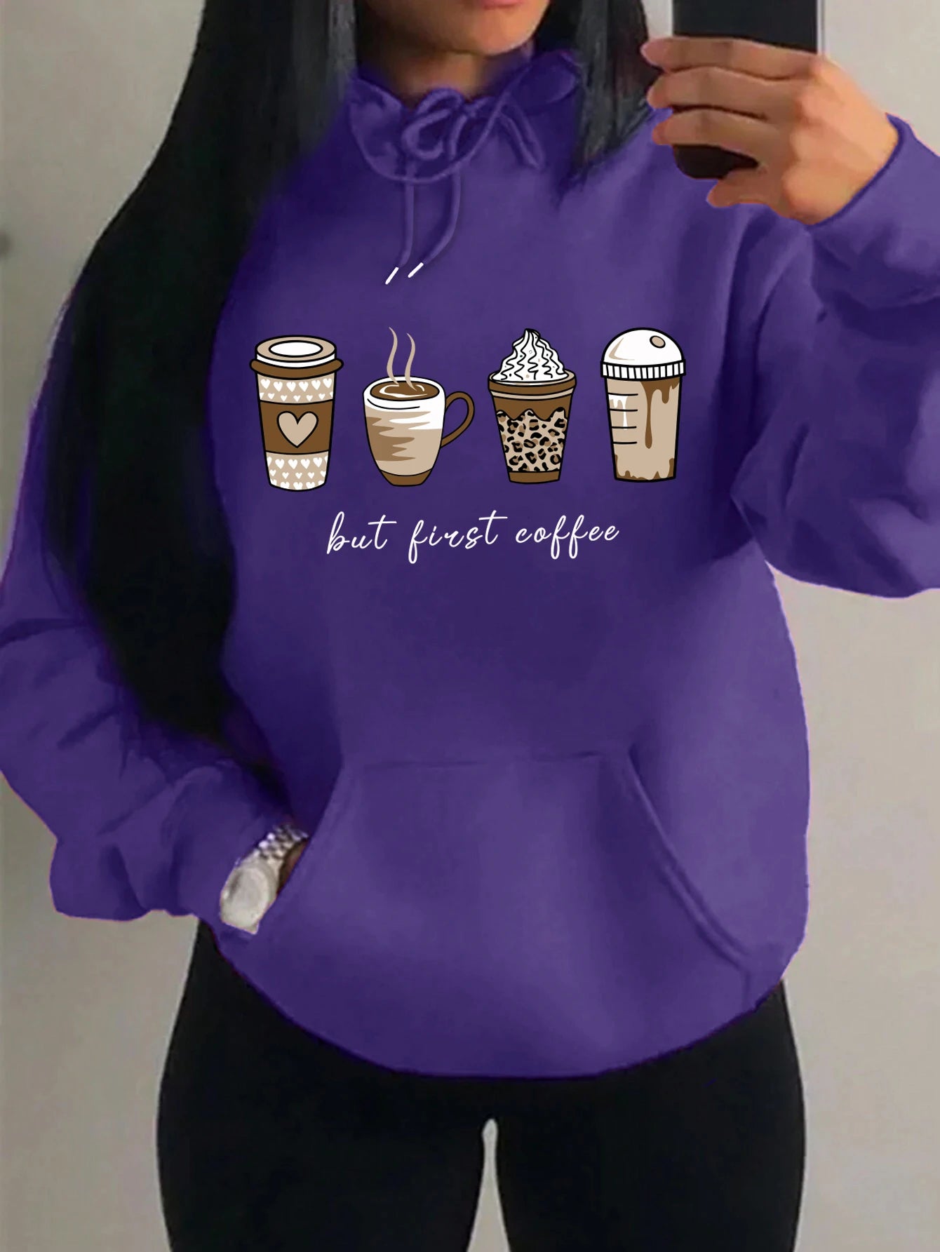 First Coffee Cartoons Coffee Drinks Pattern Hoodies Fashion Warm Hoody Casual Trendy Sweatshirt Street Women Pullovers