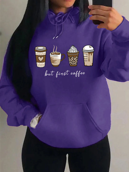 First Coffee Cartoons Coffee Drinks Pattern Hoodies Fashion Warm Hoody Casual Trendy Sweatshirt Street Women Pullovers