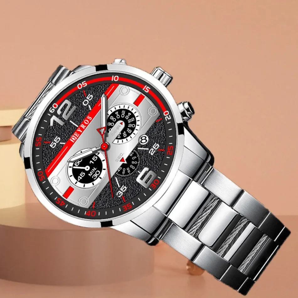 5Pcs/Set Casual Fashion Quartz Watch Set for Men, Silver Stainless Steel Round Dial with Date Quartz Watch Set for Men