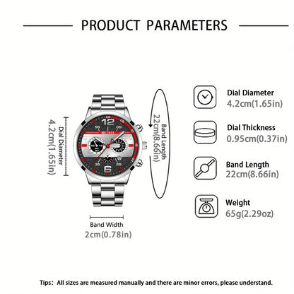 5Pcs/Set Casual Fashion Quartz Watch Set for Men, Silver Stainless Steel Round Dial with Date Quartz Watch Set for Men