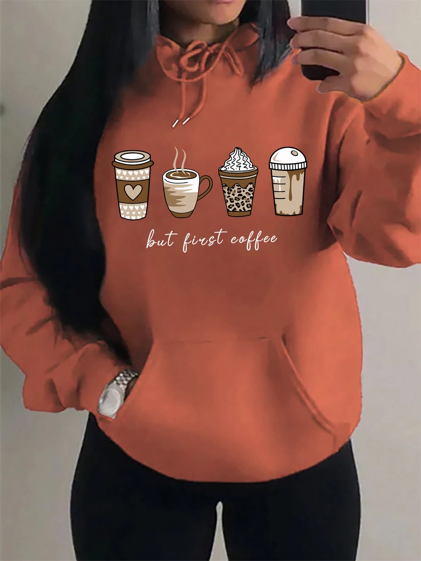 First Coffee Cartoons Coffee Drinks Pattern Hoodies Fashion Warm Hoody Casual Trendy Sweatshirt Street Women Pullovers