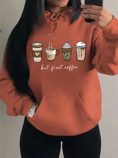 First Coffee Cartoons Coffee Drinks Pattern Hoodies Fashion Warm Hoody Casual Trendy Sweatshirt Street Women Pullovers