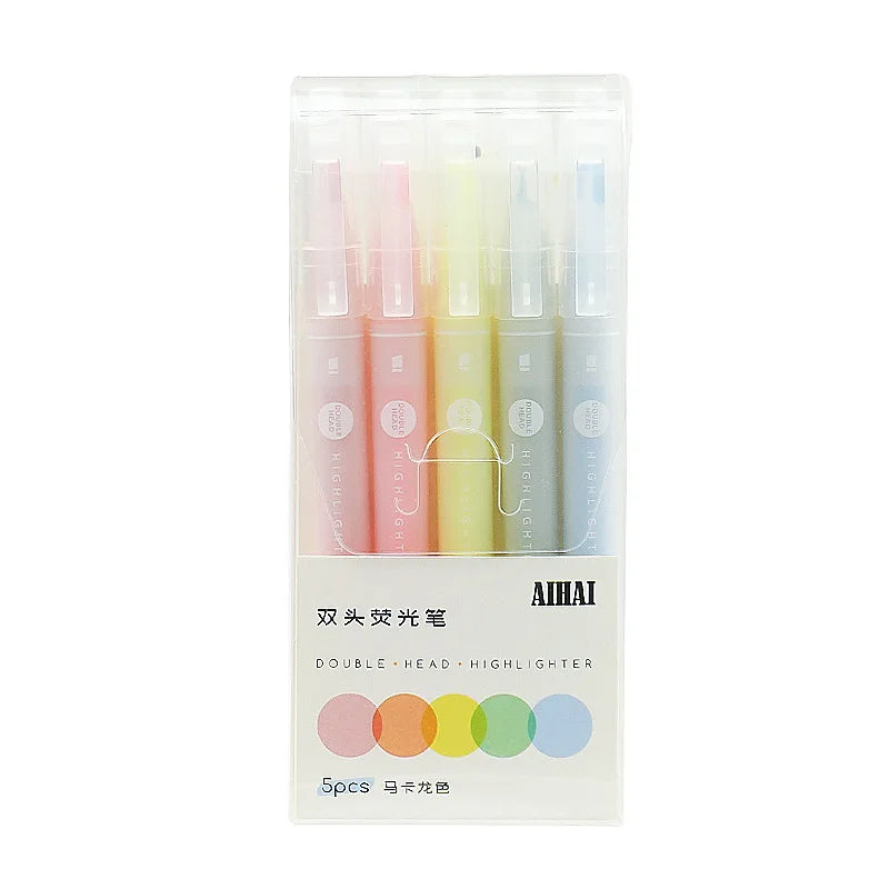 5 Colors/Set Double Unique Window Tip Highlighter Pen Double Head Pastel Color highlighters Marker School Stationery Supplies