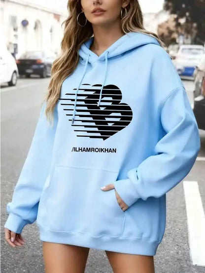 Street Fashion Casual Hoodie for Women's Polyester Knit Fabric Long Sleeve Regular Fit Hooded Pullover with Slight Stretch