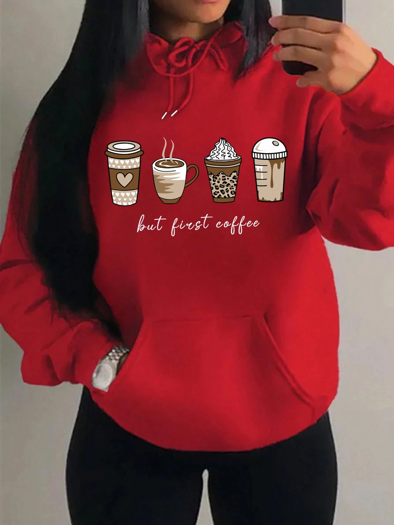 First Coffee Cartoons Coffee Drinks Pattern Hoodies Fashion Warm Hoody Casual Trendy Sweatshirt Street Women Pullovers