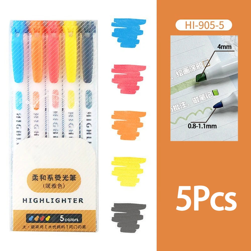 5-15 Colors Double Headed Highlighter Pen Set Fluorescent Drawing Markers Highlighters Pens Art Japanese Cute Pastel Stationery