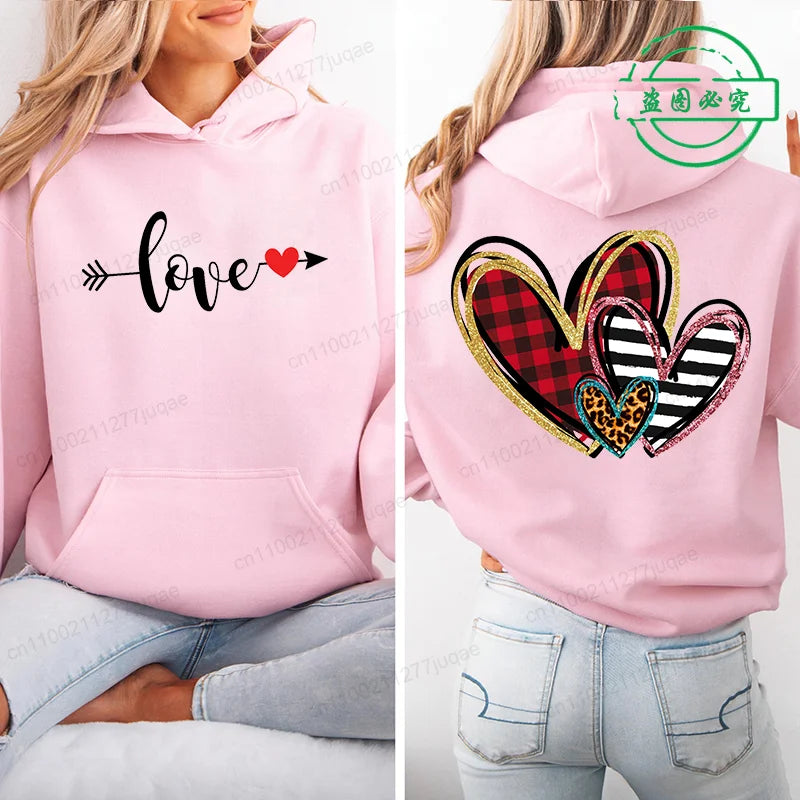 Harajuku Streetwear Hoodie for Women Clothes Oversized Leopard Heart Print Hip Hop Sweatshirt Valentine Heart Hoodies Tops Gifts
