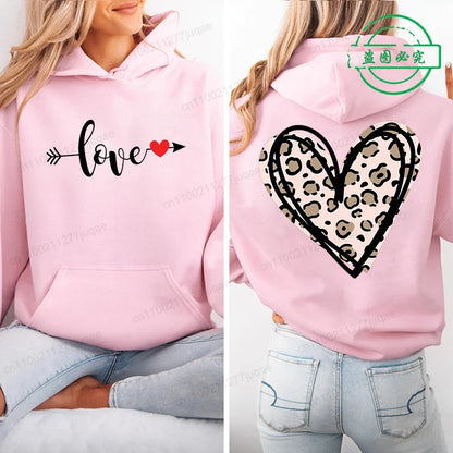 Harajuku Streetwear Hoodie for Women Clothes Oversized Leopard Heart Print Hip Hop Sweatshirt Valentine Heart Hoodies Tops Gifts