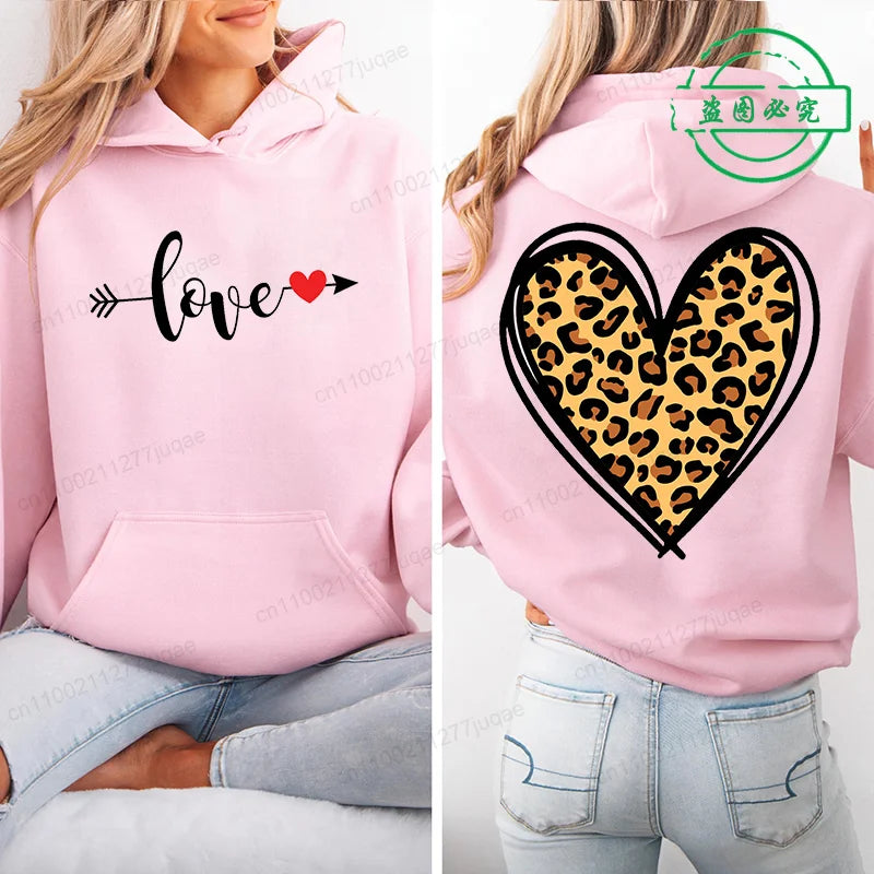 Harajuku Streetwear Hoodie for Women Clothes Oversized Leopard Heart Print Hip Hop Sweatshirt Valentine Heart Hoodies Tops Gifts
