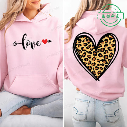 Harajuku Streetwear Hoodie for Women Clothes Oversized Leopard Heart Print Hip Hop Sweatshirt Valentine Heart Hoodies Tops Gifts
