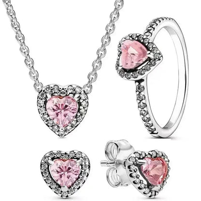 New 925 sterling silver heart-shaped earrings, rings, necklaces, pink red rainbow luxury set, sparkling charm jewelry,  gifts