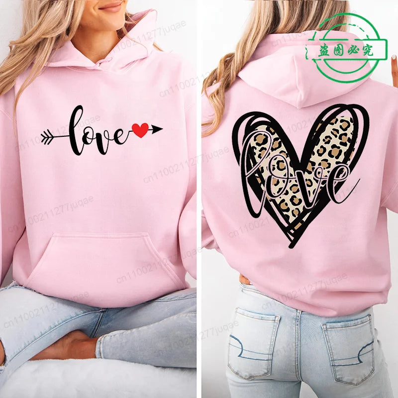 Harajuku Streetwear Hoodie for Women Clothes Oversized Leopard Heart Print Hip Hop Sweatshirt Valentine Heart Hoodies Tops Gifts