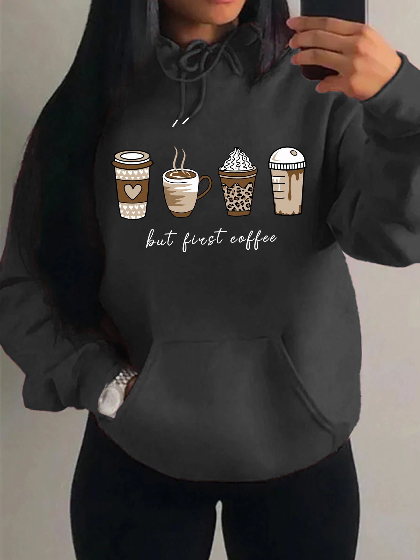 First Coffee Cartoons Coffee Drinks Pattern Hoodies Fashion Warm Hoody Casual Trendy Sweatshirt Street Women Pullovers