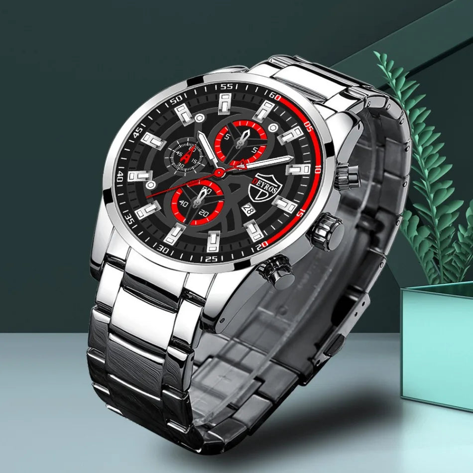 5Pcs/Set Casual Fashion Quartz Watch Set for Men, Silver Stainless Steel Round Dial with Date Quartz Watch Set for Men