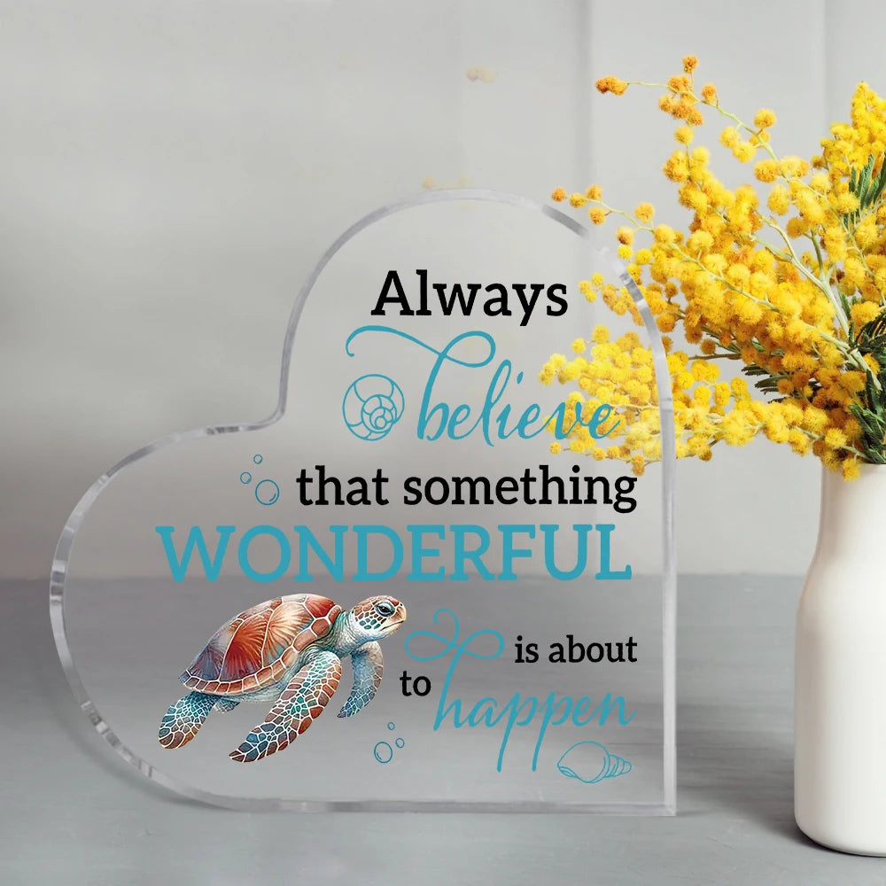 Acrylic Inspirational Quote Heart-Shaped Sign with Sea Turtle Design - Classic Tabletop Decor for Home & Office
