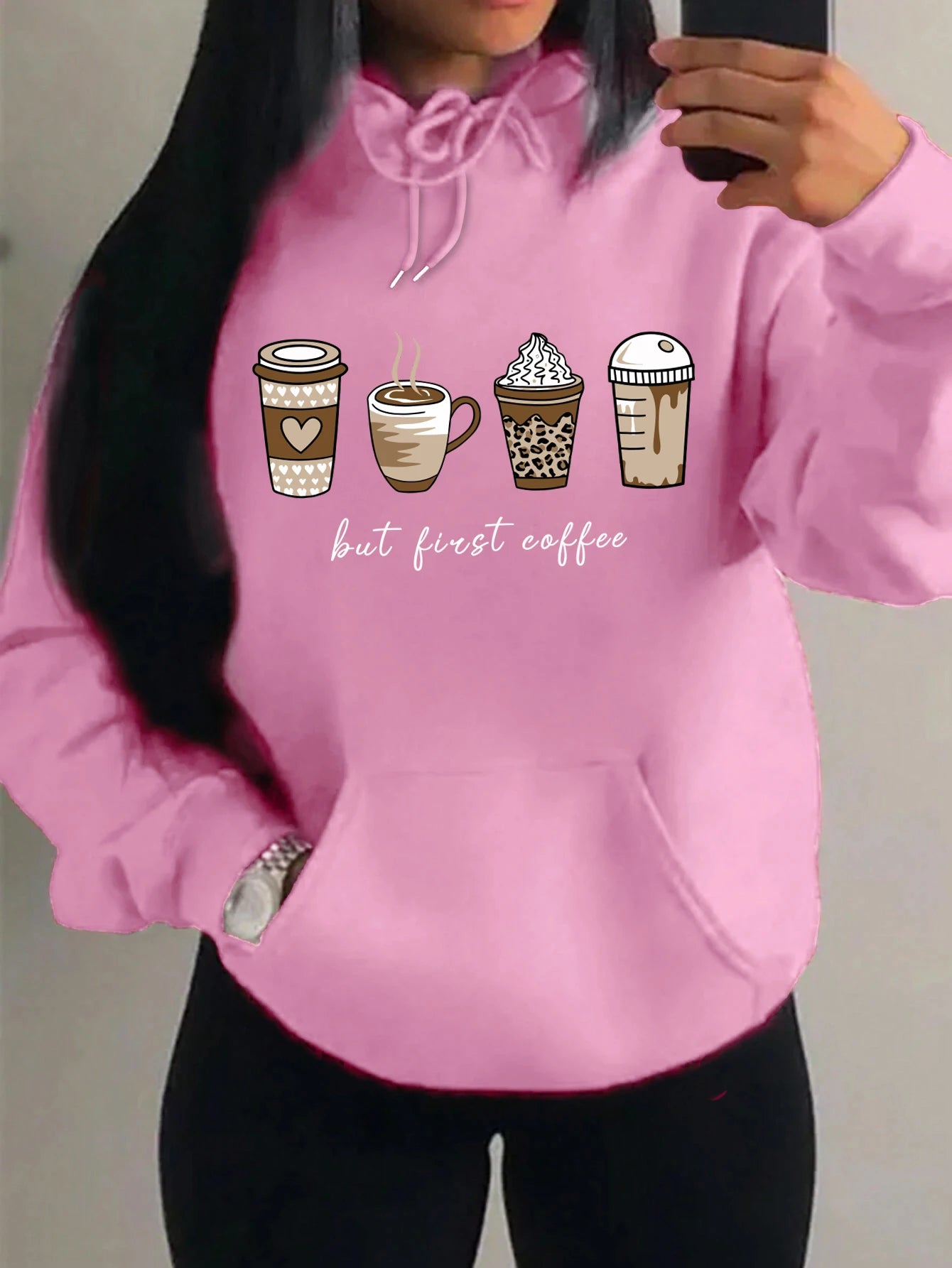 First Coffee Cartoons Coffee Drinks Pattern Hoodies Fashion Warm Hoody Casual Trendy Sweatshirt Street Women Pullovers
