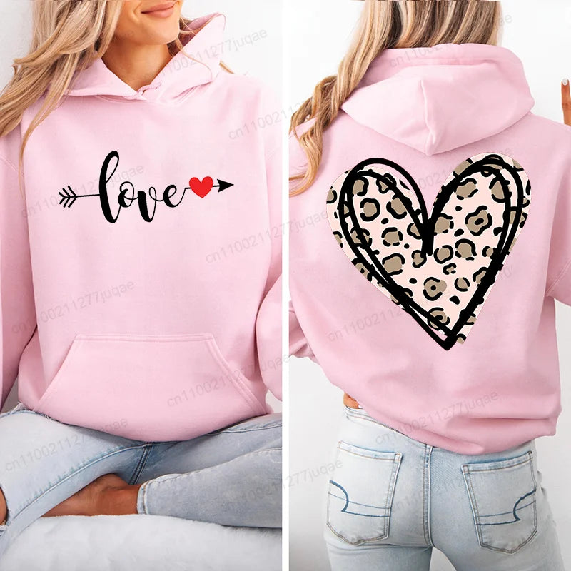 Harajuku Streetwear Hoodie for Women Clothes Oversized Leopard Heart Print Hip Hop Sweatshirt Valentine Heart Hoodies Tops Gifts