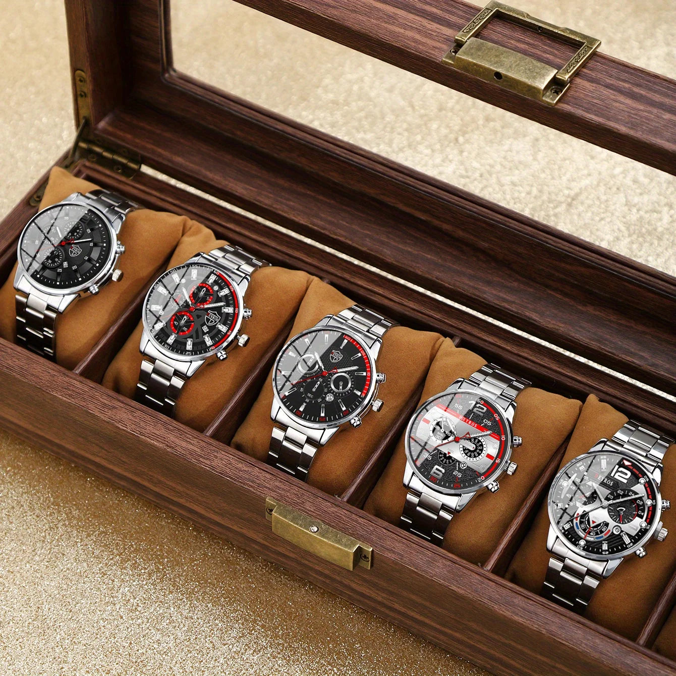 5Pcs/Set Casual Fashion Quartz Watch Set for Men, Silver Stainless Steel Round Dial with Date Quartz Watch Set for Men