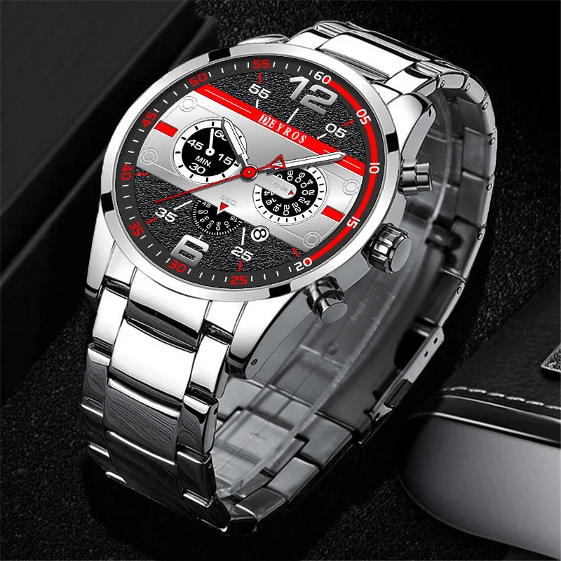 5Pcs/Set Casual Fashion Quartz Watch Set for Men, Silver Stainless Steel Round Dial with Date Quartz Watch Set for Men
