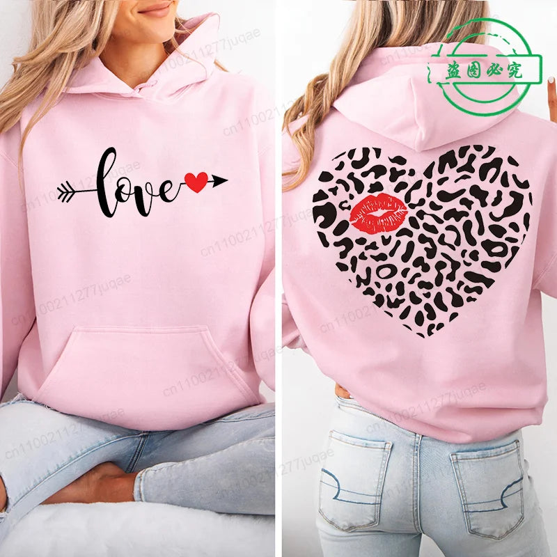 Harajuku Streetwear Hoodie for Women Clothes Oversized Leopard Heart Print Hip Hop Sweatshirt Valentine Heart Hoodies Tops Gifts