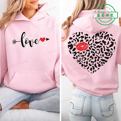 Harajuku Streetwear Hoodie for Women Clothes Oversized Leopard Heart Print Hip Hop Sweatshirt Valentine Heart Hoodies Tops Gifts