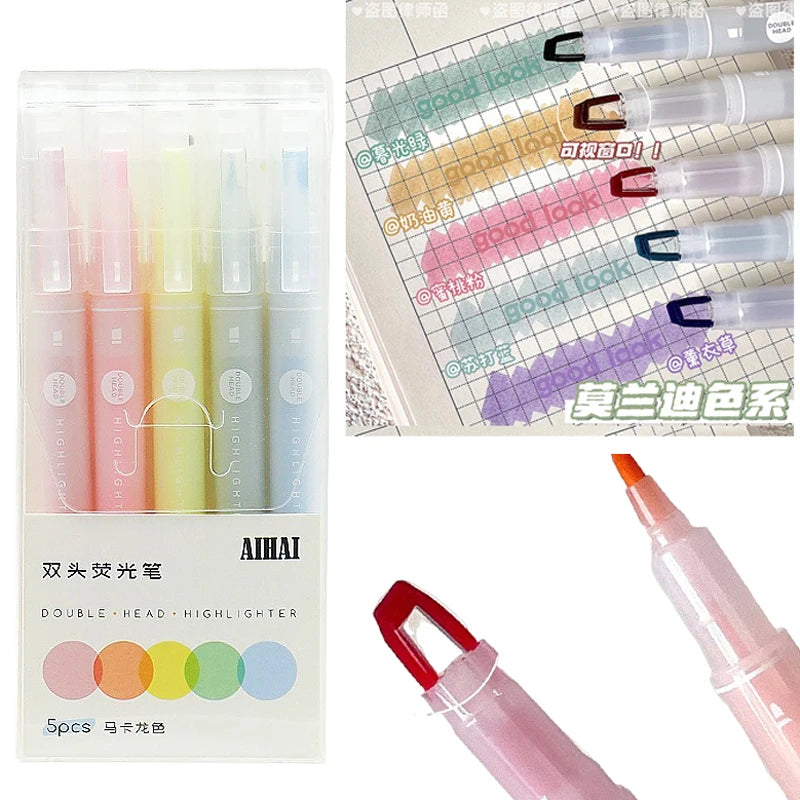 5 Colors/Set Double Unique Window Tip Highlighter Pen Double Head Pastel Color highlighters Marker School Stationery Supplies