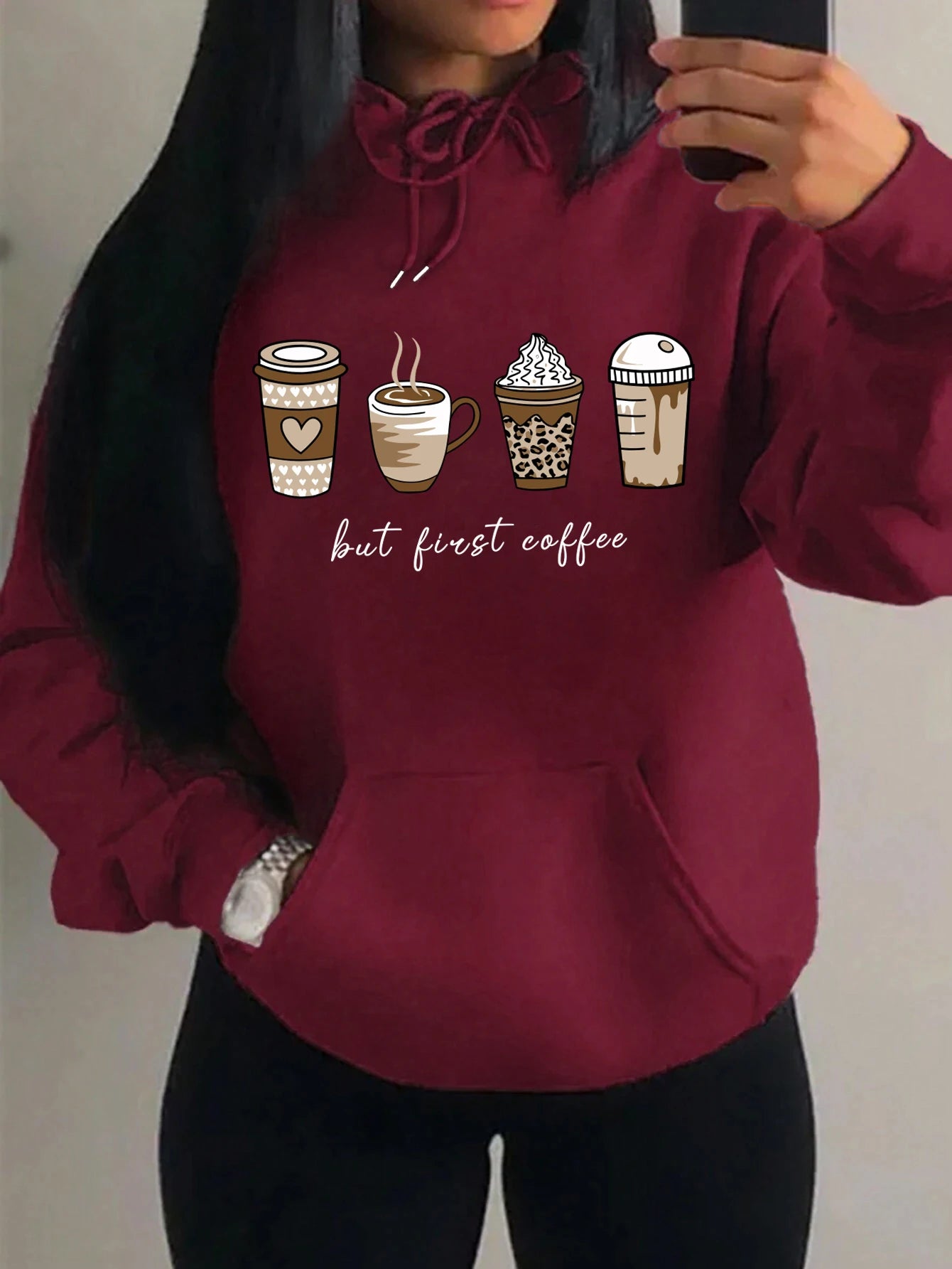 First Coffee Cartoons Coffee Drinks Pattern Hoodies Fashion Warm Hoody Casual Trendy Sweatshirt Street Women Pullovers