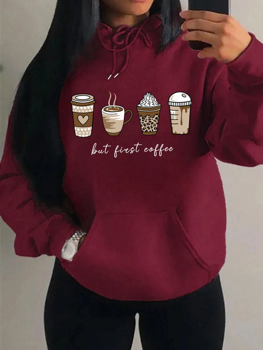 First Coffee Cartoons Coffee Drinks Pattern Hoodies Fashion Warm Hoody Casual Trendy Sweatshirt Street Women Pullovers
