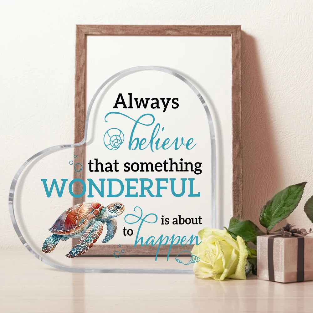 Acrylic Inspirational Quote Heart-Shaped Sign with Sea Turtle Design - Classic Tabletop Decor for Home & Office