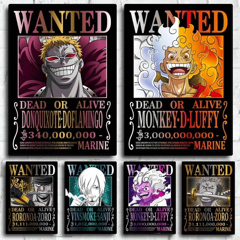 Classic Anime One Piece Luffy Wanted Bounty Posters Prints Cartoon Character Images Not Fading Wall Art Living Room Decorative