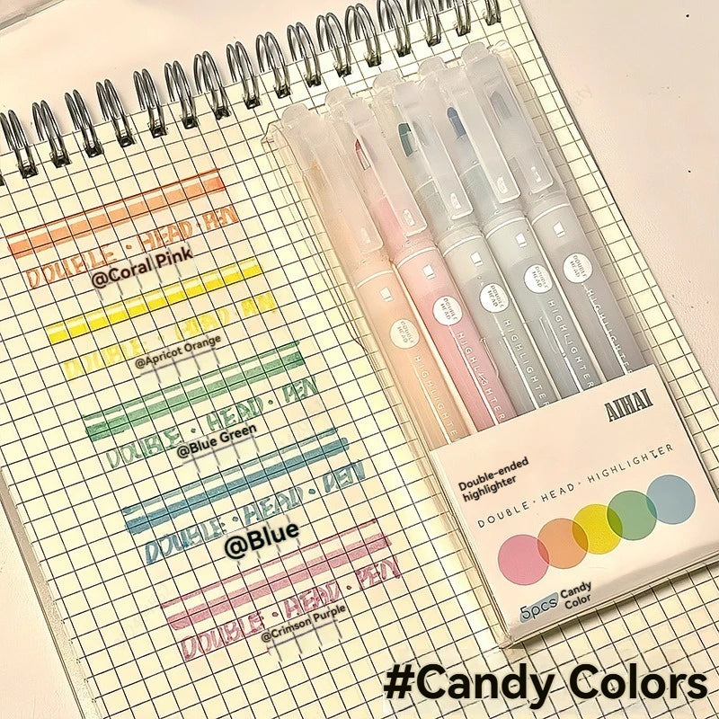 5 Colors/Set Double Unique Window Tip Highlighter Pen Double Head Pastel Color highlighters Marker School Stationery Supplies