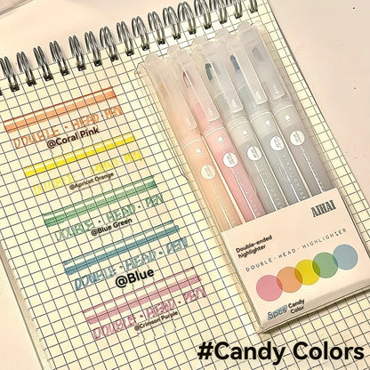 5 Colors/Set Double Unique Window Tip Highlighter Pen Double Head Pastel Color highlighters Marker School Stationery Supplies
