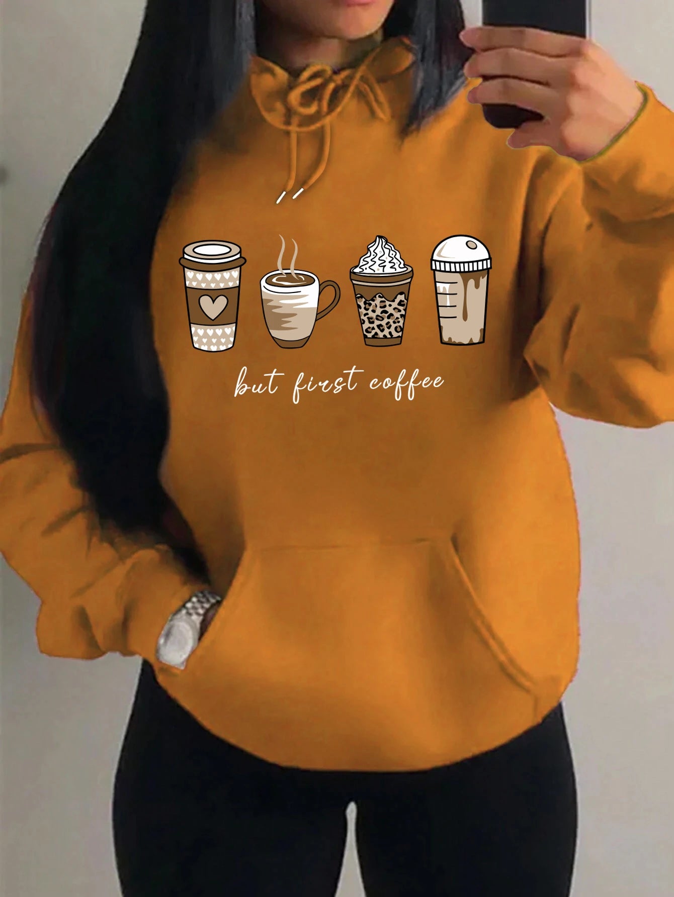 First Coffee Cartoons Coffee Drinks Pattern Hoodies Fashion Warm Hoody Casual Trendy Sweatshirt Street Women Pullovers