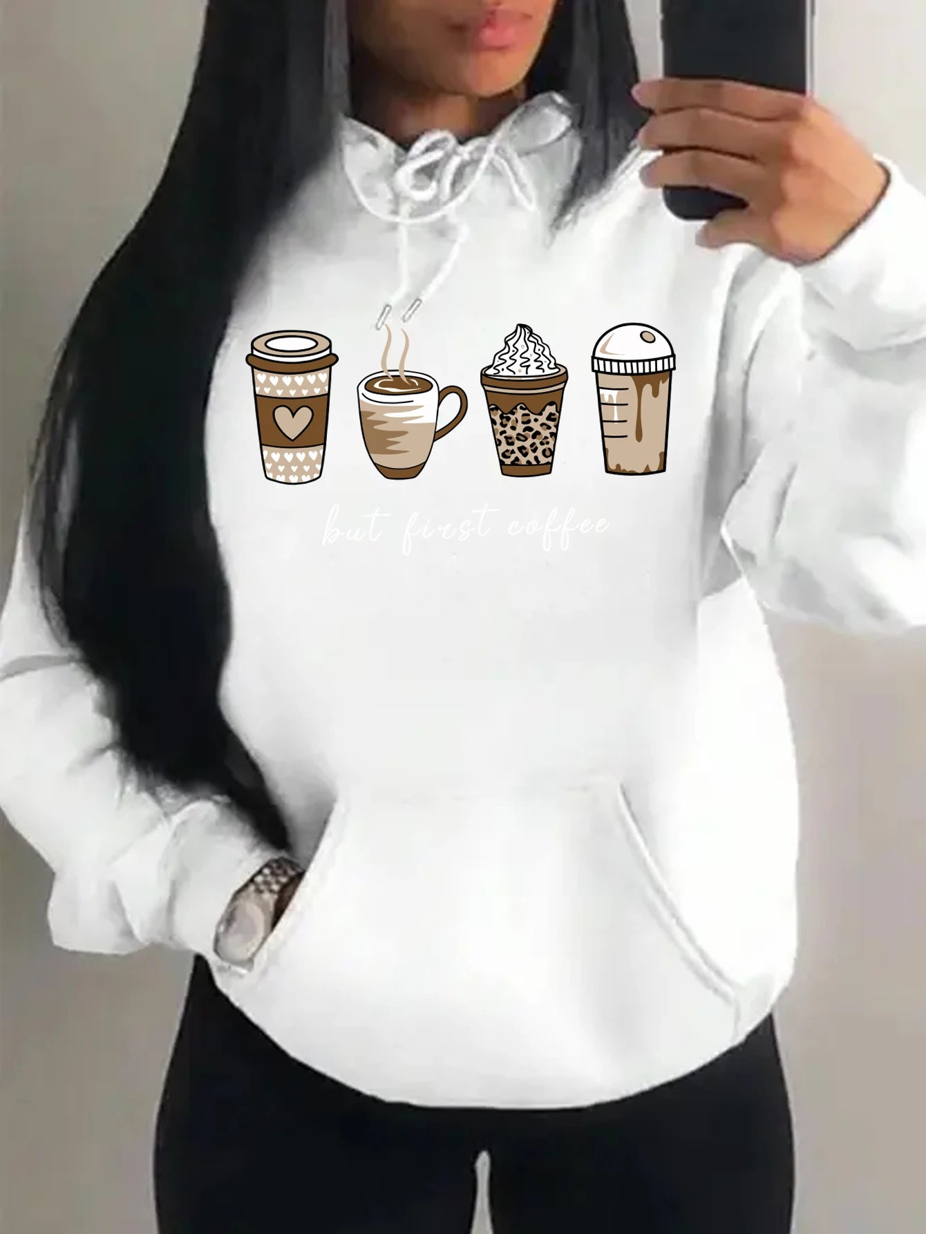 First Coffee Cartoons Coffee Drinks Pattern Hoodies Fashion Warm Hoody Casual Trendy Sweatshirt Street Women Pullovers